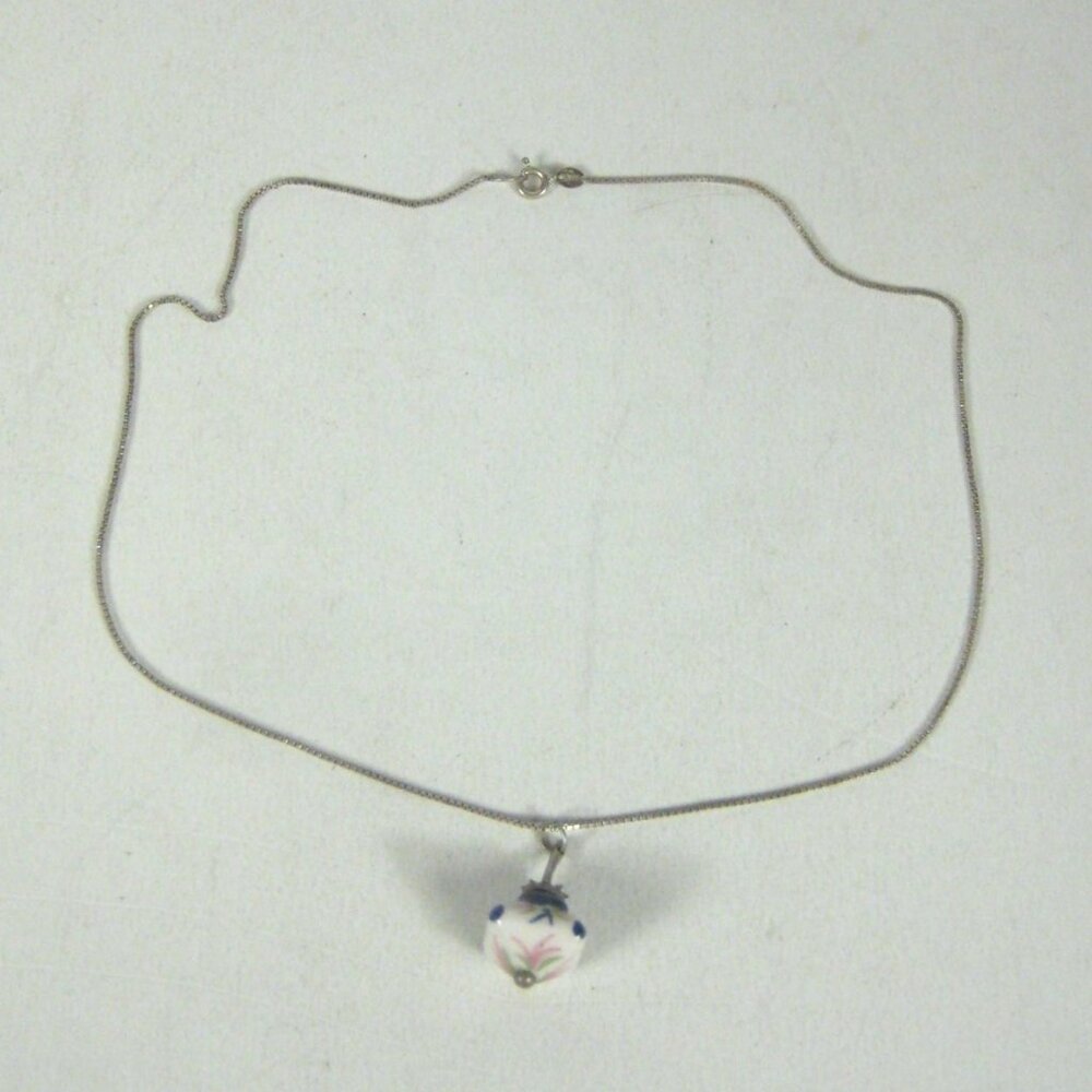 Italian Sterling Silver 925 Hand Painted Ceramic Pendant Necklace 19 in Chain